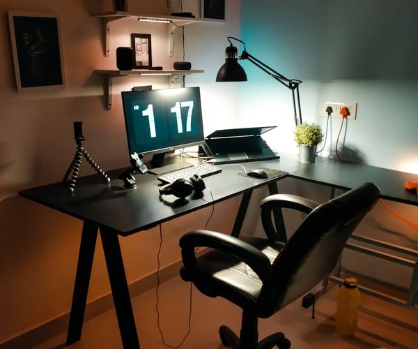 Organized modern workspace with soft lighting for eye comfort